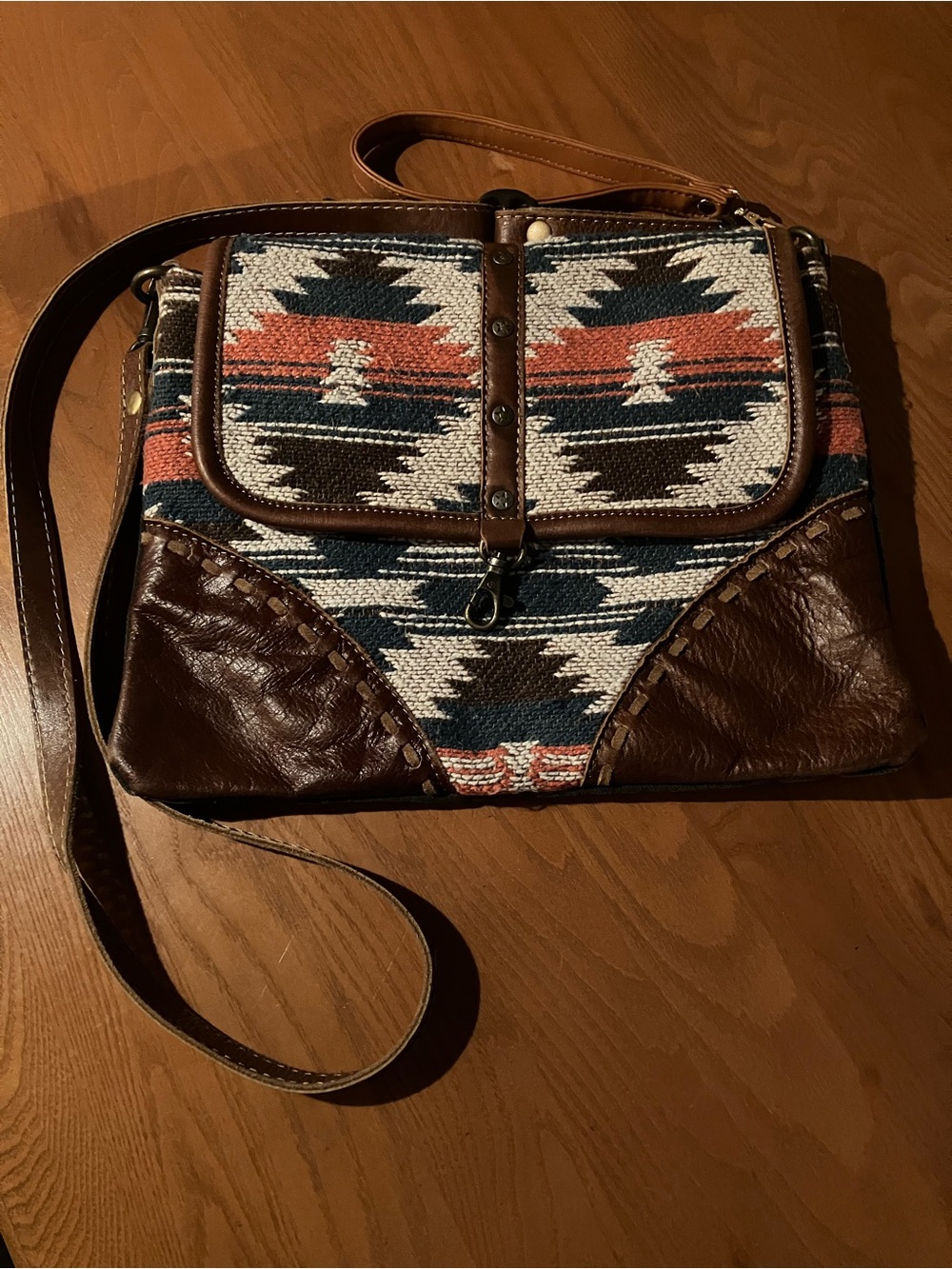 Myra Jolie Southwestern Pattern Brown Leather-Trim Crossbody Bag